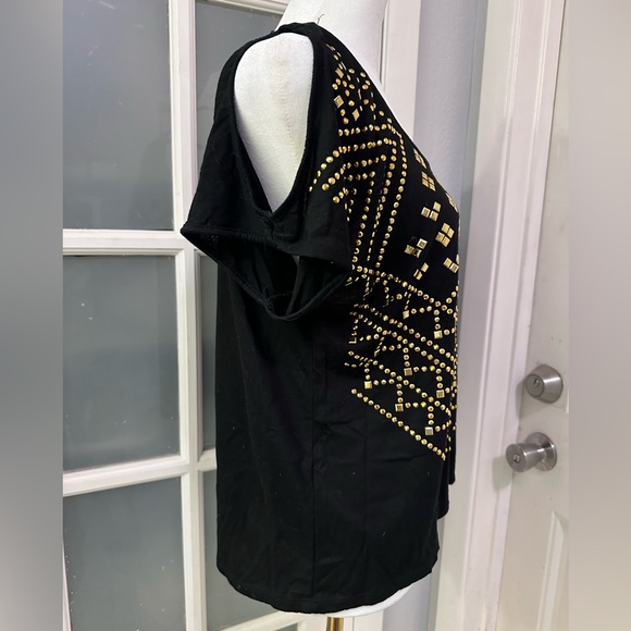 Almost Famous Black Cut Out Shoulder T-Shirt Top with Gold Studs Size Medium - Picture 3 of 5